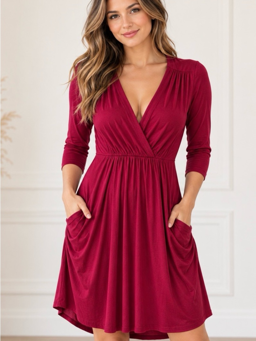 Bailey Raspberry Surplice V-Neck Dress with Pockets – Size Small